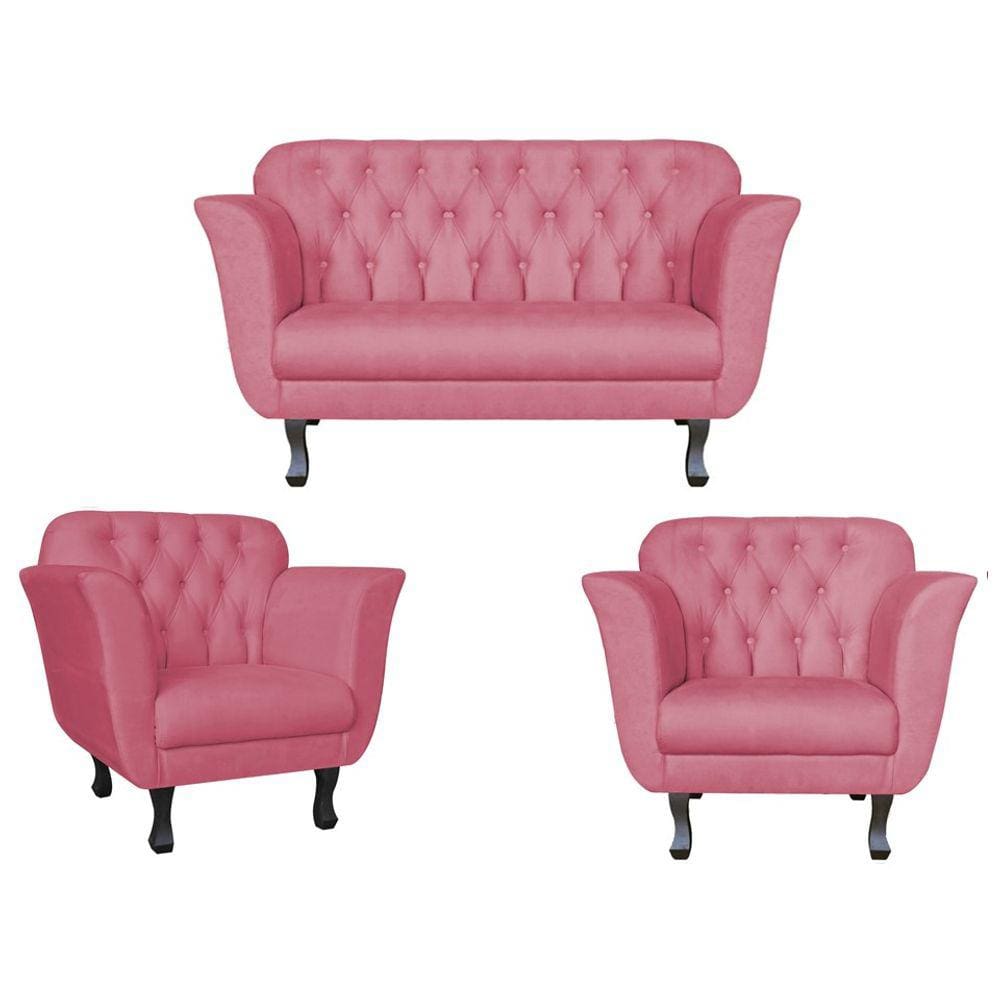 Kit Namoradeira + 2 Poltronas Decorativa Dália Suede Rosa Pés Madeira Ms Decor