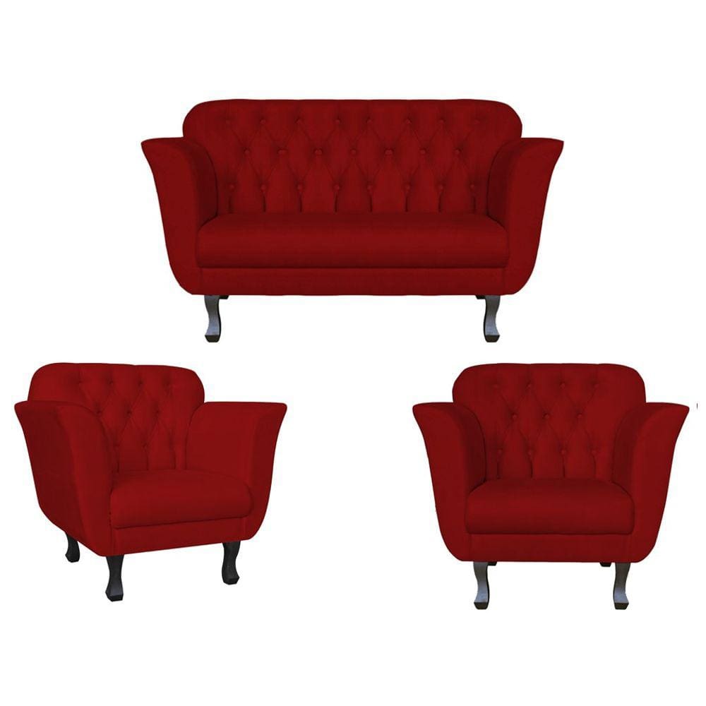Kit Namoradeira + 2 Poltronas Decorativa Dália Suede Vermelho Pés Madeira Ms Decor