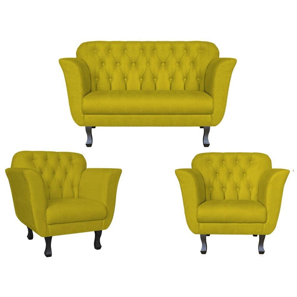 Kit Namoradeira + 2 Poltronas Decorativa Dália Couro Amarelo Pés Madeira Ms Decor
