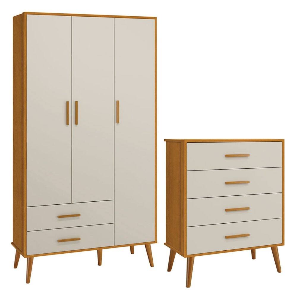 Comoda Gaveteiro e Guarda Roupa Isis Retrô 3 Portas 2 Gavetas Areia Fosco/ Savana - Reller