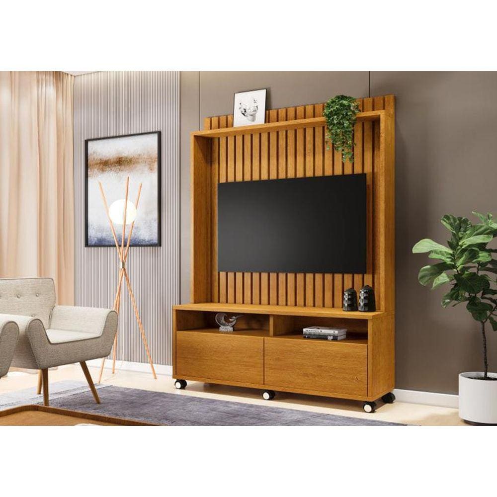 Estante Home Estilos Para Tv Até 55 Polegadas -2 Portas e Nicho -Ripado -Rodizio -Carmolar