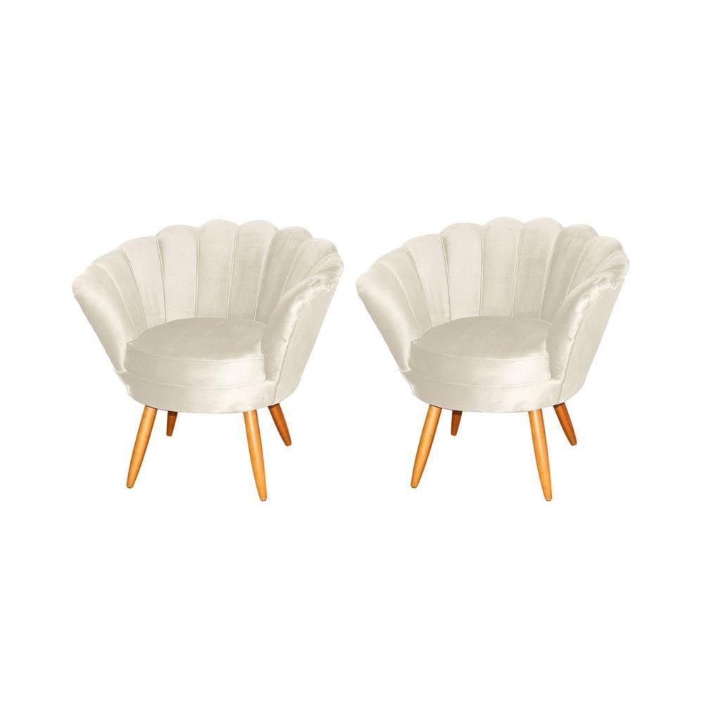 Kit 2 Poltronas Decorativa Pétala Veludo Bege Pés Madeira Ms Decor