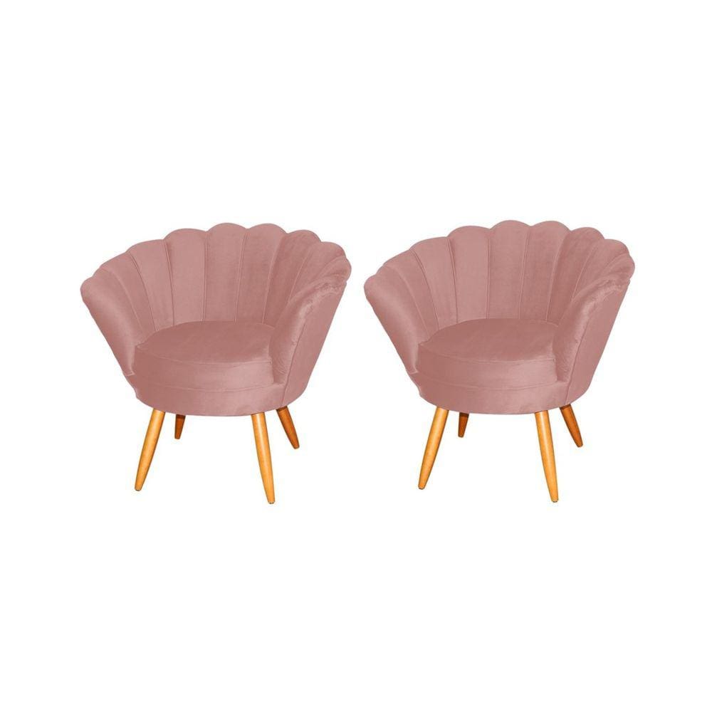 Kit 2 Poltronas Decorativa Pétala Veludo Rosa Pés Madeira Ms Decor