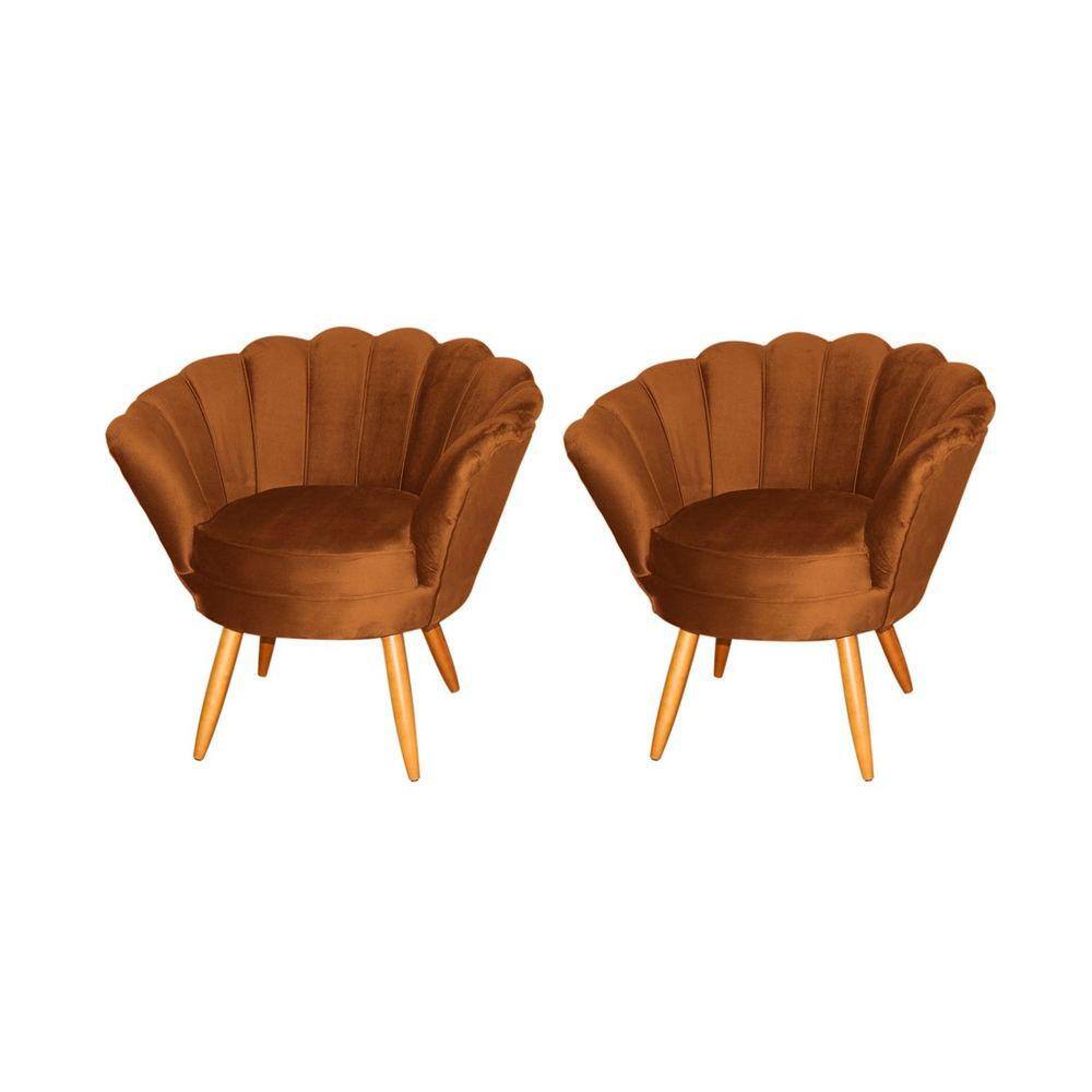 Kit 2 Poltronas Decorativa Pétala Veludo Terracota Pés Madeira Ms Decor