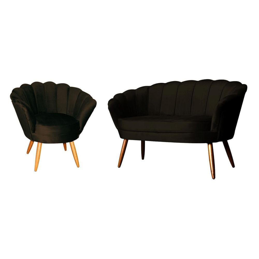 Kit Namoradeira + 1 Poltrona Decorativa Pétala Veludo Marrom Pés Madeira Ms Decor