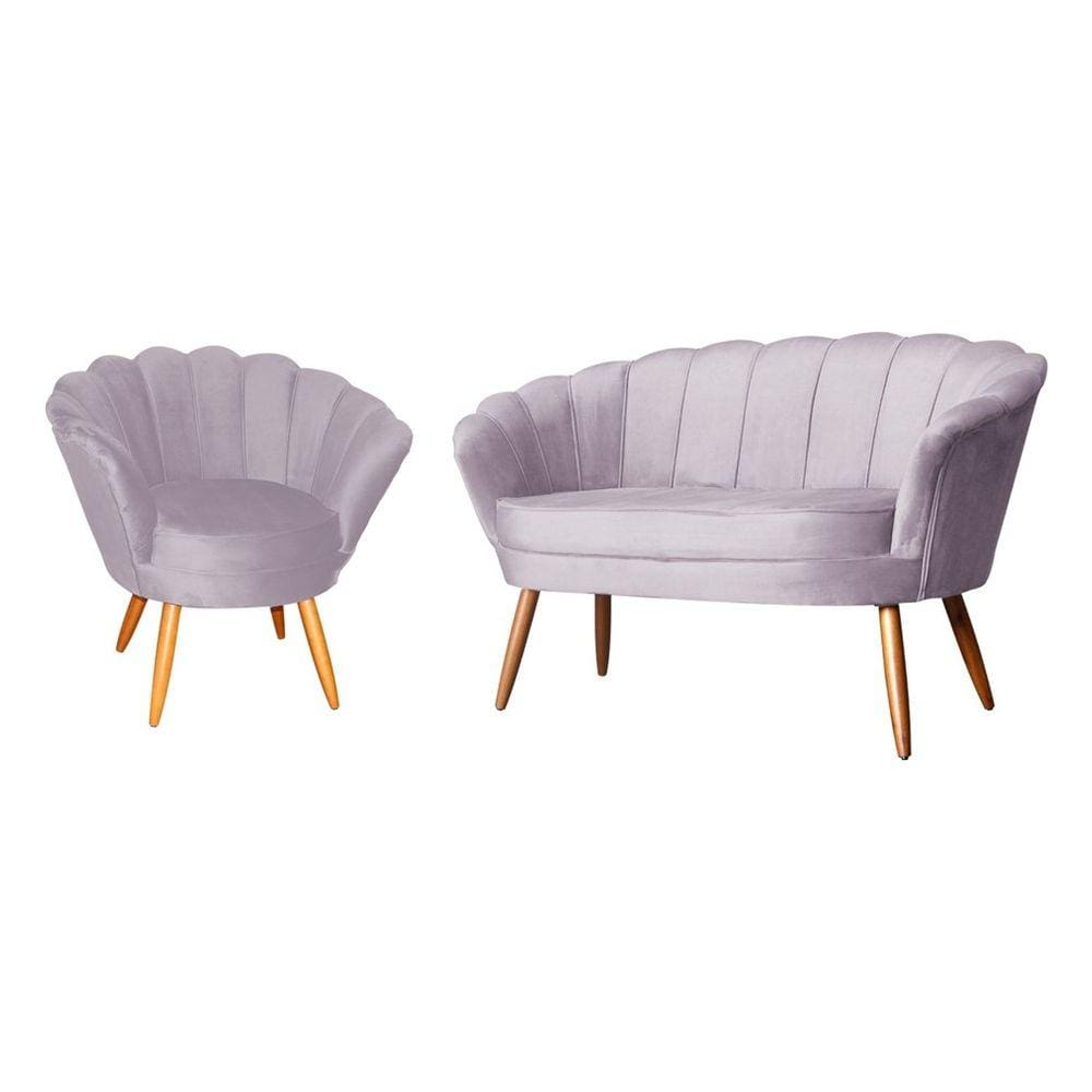 Kit Namoradeira + 1 Poltrona Decorativa Pétala Veludo Rosê Pés Madeira Ms Decor
