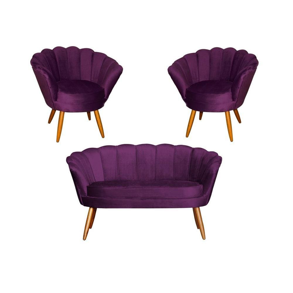 Kit Namoradeira + 2 Poltronas Decorativa Pétala Veludo Roxo Pés Madeira Ms Decor