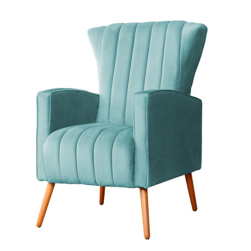 Poltrona Decorativa Melinda Veludo Azul Tiffany Pés Madeira Ms Decor