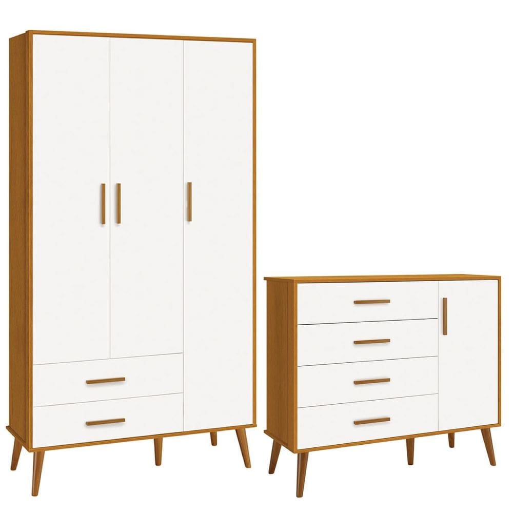 Comoda Sapateira e Guarda Roupa Isis Retrô 3 Portas 2 Gavetas Branco Fosco/ Savana Fosco - Reller