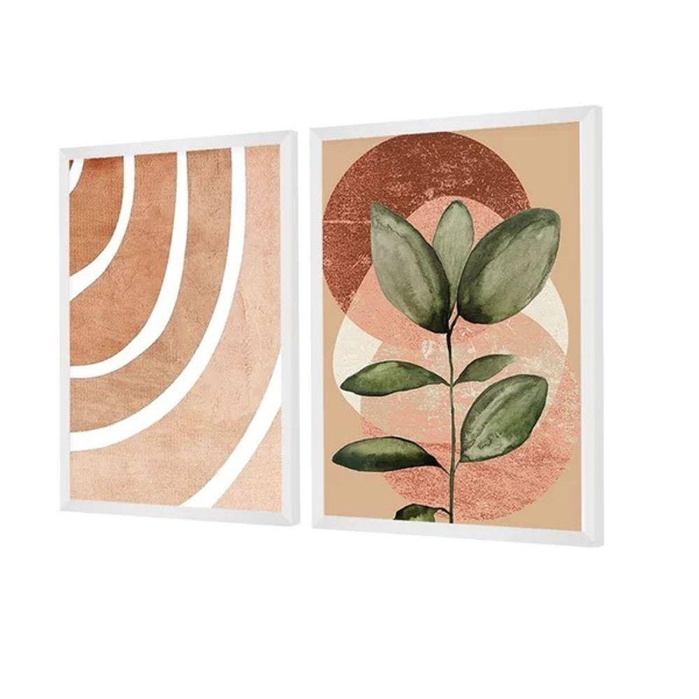 Dupla de Quadros Decorativos Boho Abstrato Laranja Folhagem