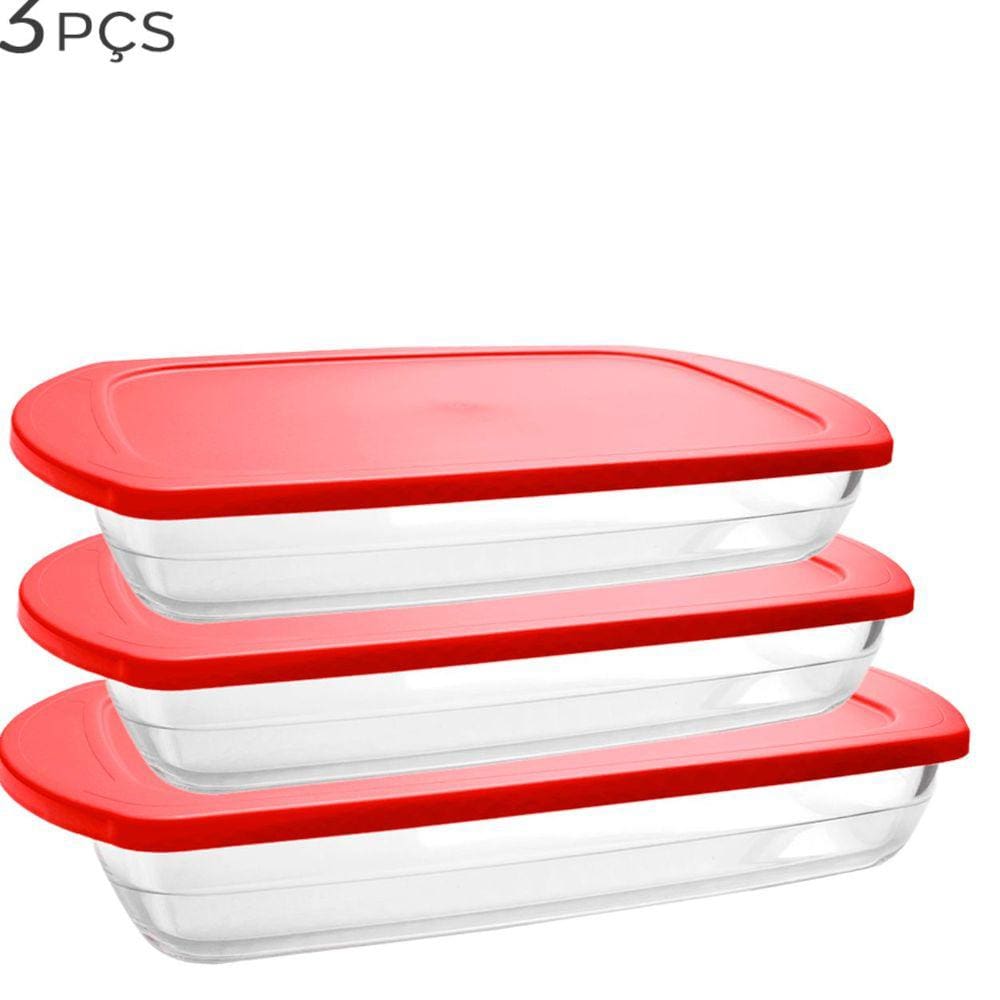 Assadeira de Vidro Forma Torta Forno 3un com Tampa Plastica