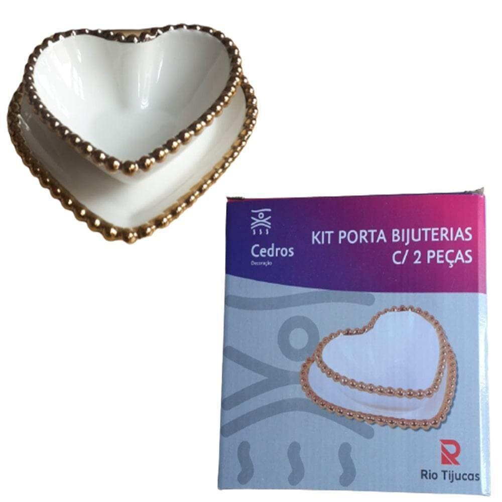 Kit Porta Bijuterias Joia Tigela de Cerâmica Coração 2 Peças