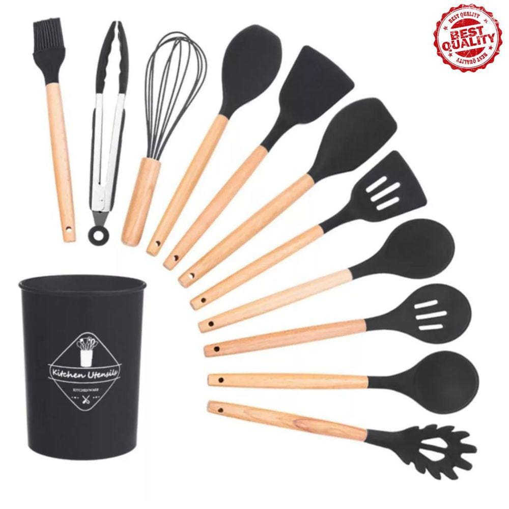 Utensilios De Silicone Com Cabo De Madeira Para Cozinha