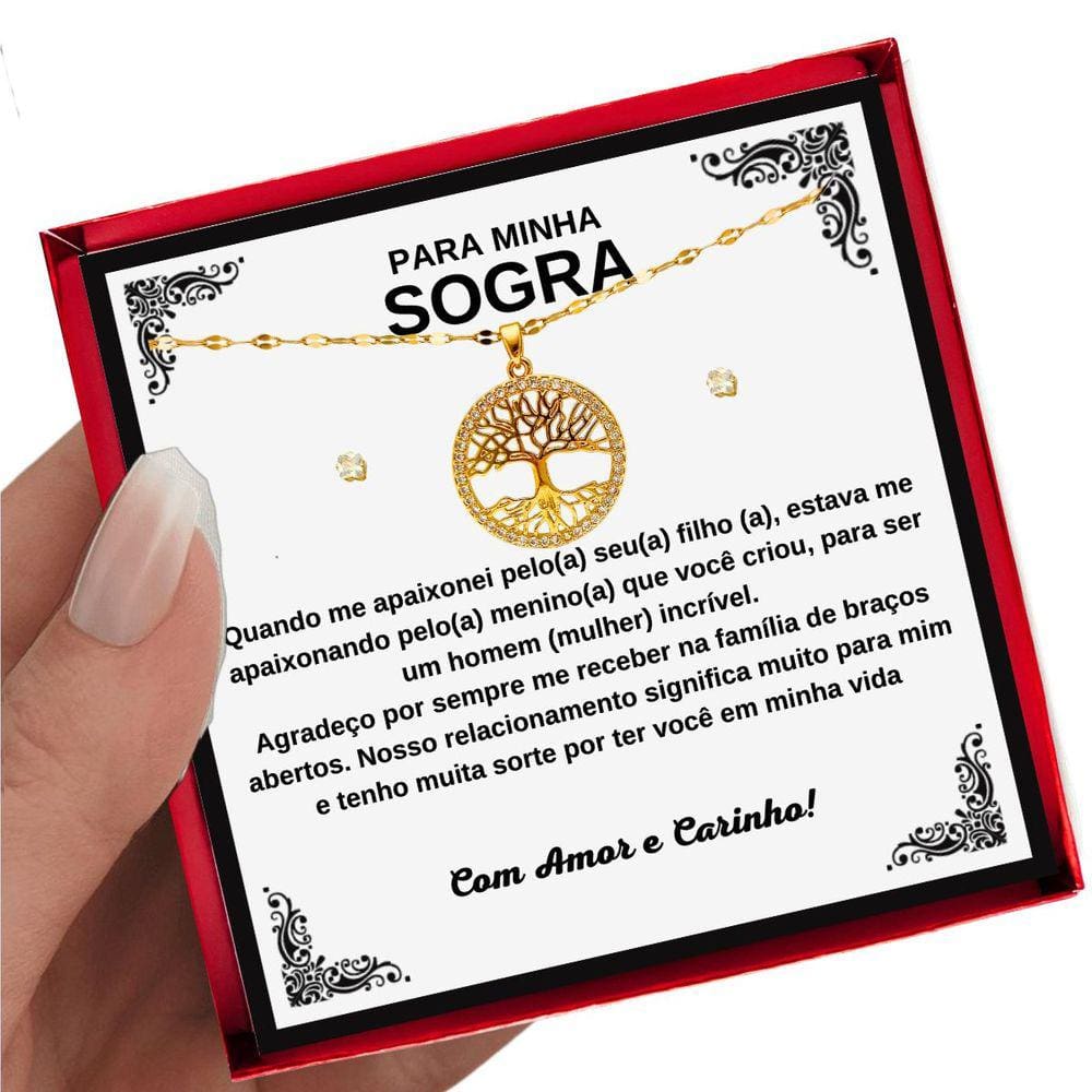 Colar Presente Aniversário Sogra Pingente Árvore da Vida + Brincos + Dedicatória