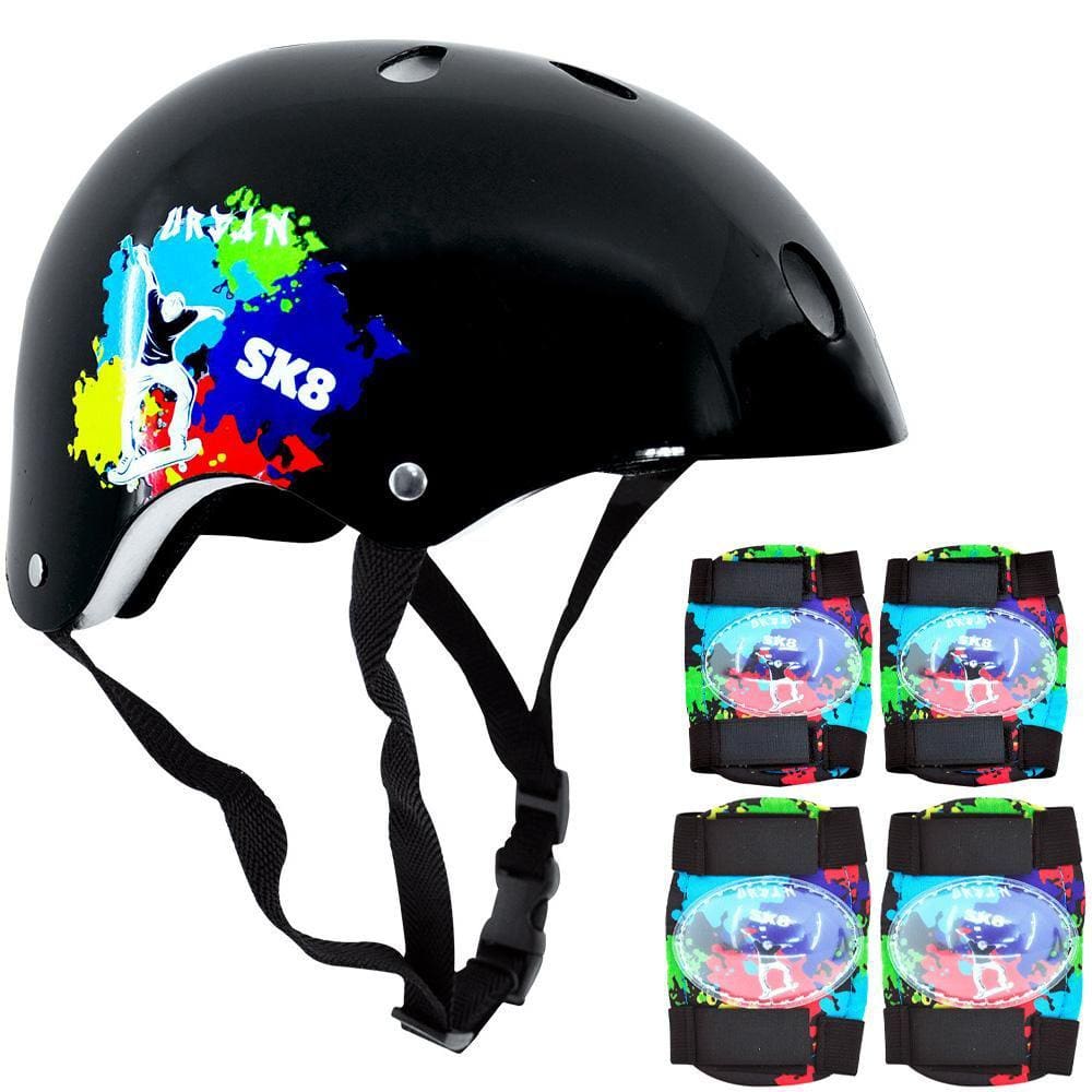 Kit Capacete Infantil com acessórios SK8 Preto DM Radical 6+