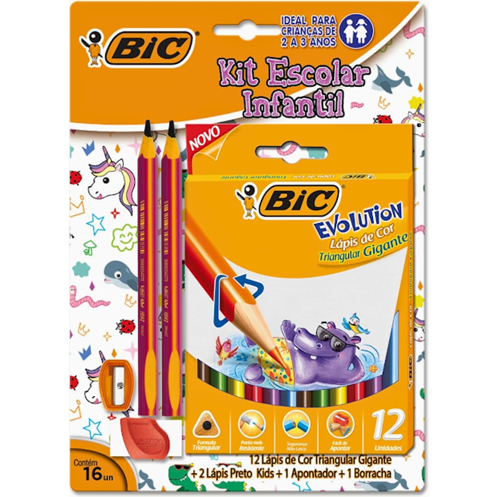 Kit Escolar Lápis, Borracha, Apontador e Lápis De Cor Bic