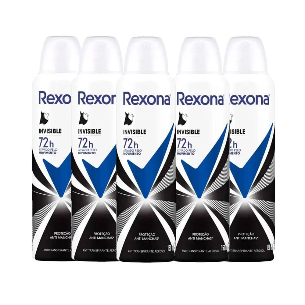 Kit Desodorante Aerosol Rexona Feminino Invisible 150ml - 5 Unidades