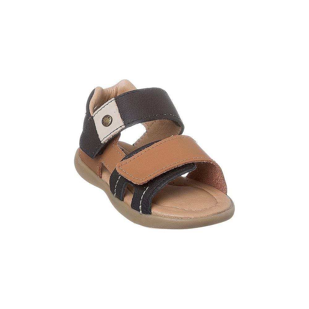 Sandália Infantil Masculina Ortopé Carinhoso Couro Fecho Duplo Preta e Caramelo