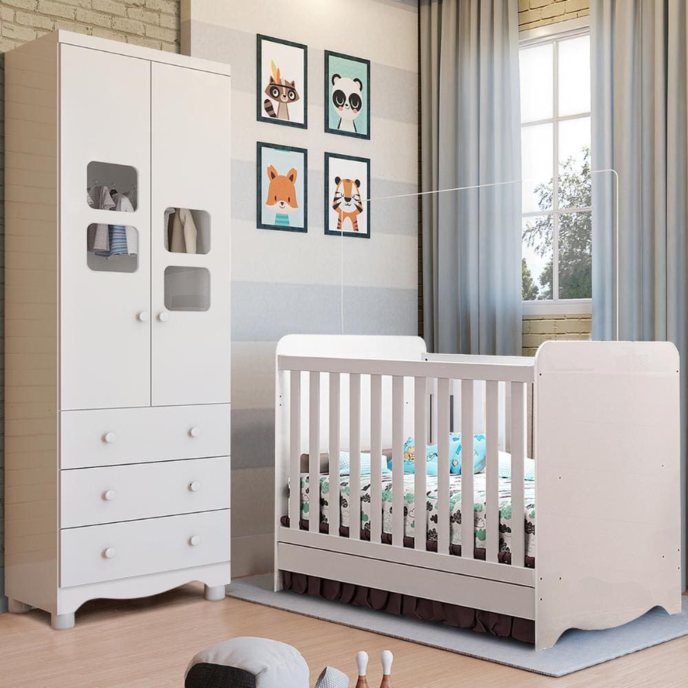 Quarto de Bebê Completo Berço Americano Ben 3 Em 1 Guarda Roupa Uli 2 Portas 3 Gavetas Branco Carvalho 100% MDF Móveis Peroba