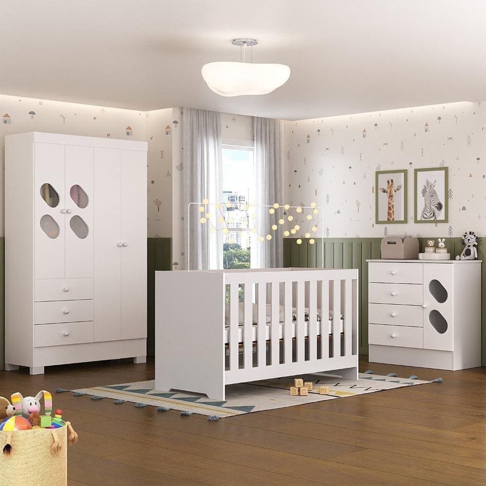Quarto de Bebê Completo Guarda Roupa 4 Portas 3 Gavetas com Cômoda e Berço Hera Branco Branco