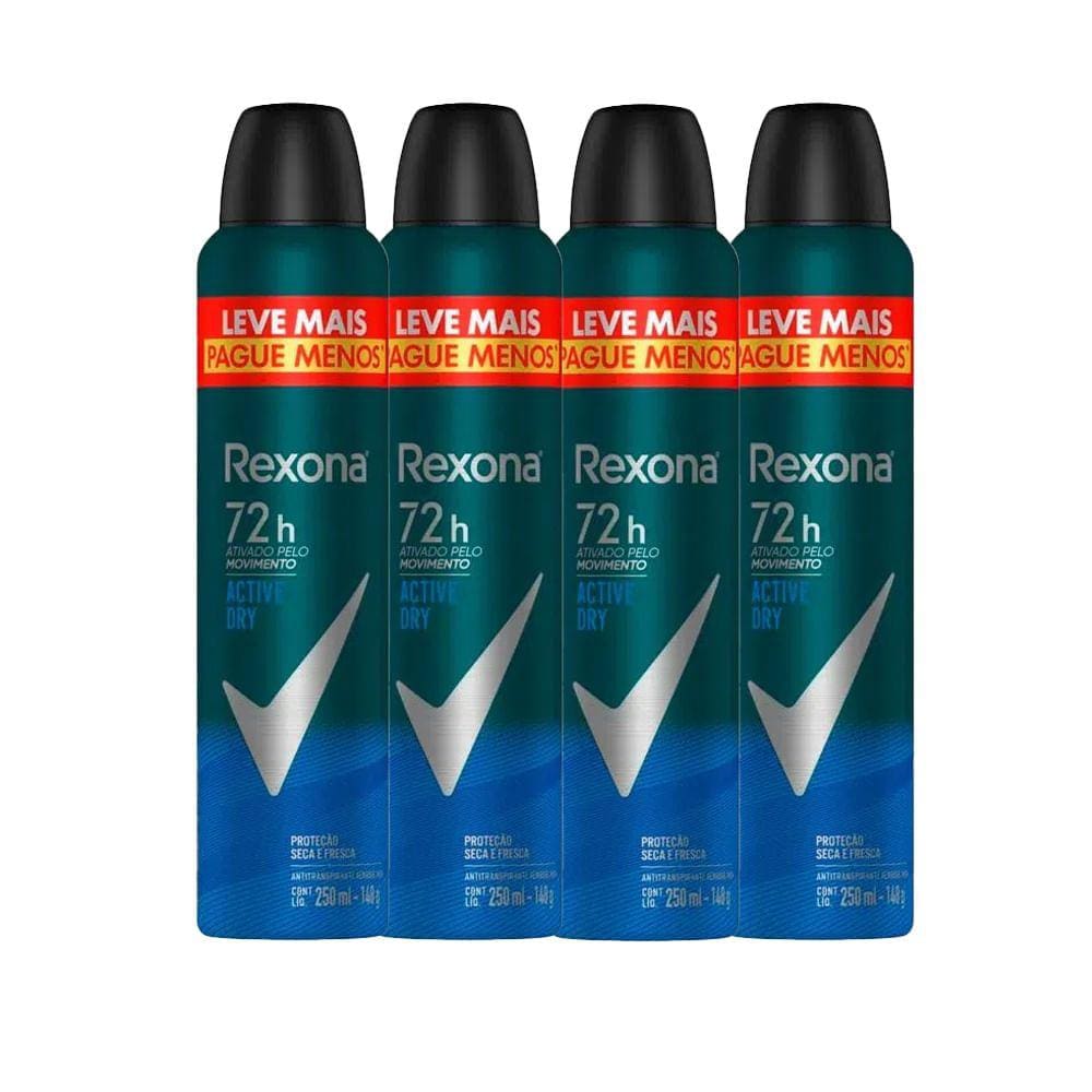 Kit Desodorante Antitranspirante Aerosol Rexona Active Dry 72 horas 250ml - 4 Unidades
