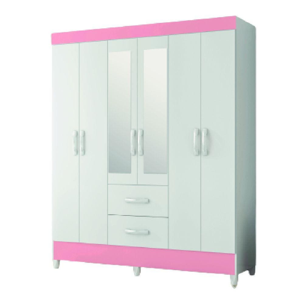 Guarda Roupas Casal com Espelho 6 Portas 2 Gavetas Mobi Branco / Rosa Flex Albatroz