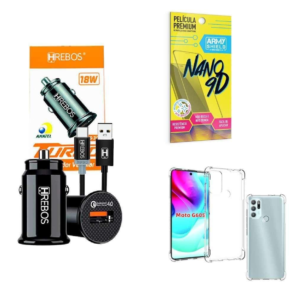 Kit Carregador Veicular + Capinha Moto G60S + Película 9D