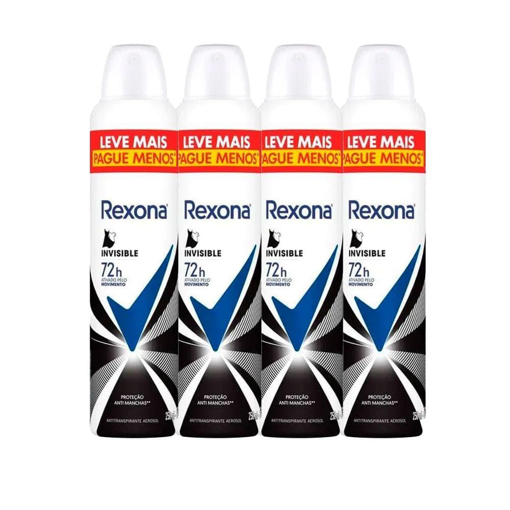 Kit Desodorante Antitranspirante Aerosol Rexona Invisible 72 horas 250ml - 4 Unidades