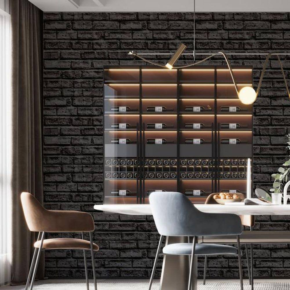Kit 10 Rolos Papel De Parede Adesivo Tijolo Preto Dark 3,0M