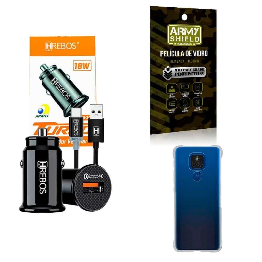 Kit Carregador Veicular + Capa Motorola E7Plus + Película 3D