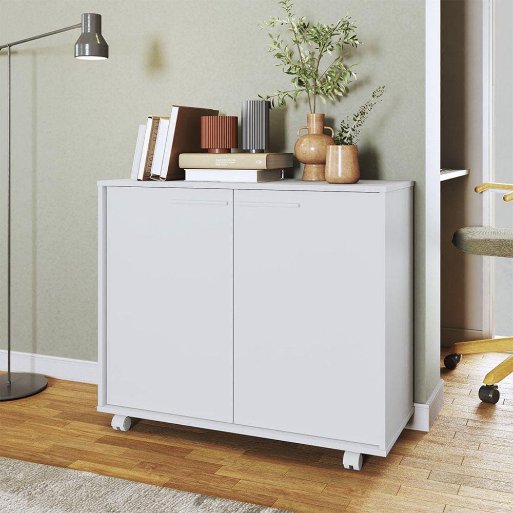 Balcão Multiuso 2 Portas 2 Prateleiras com Rodízios MDP 12mm Branco