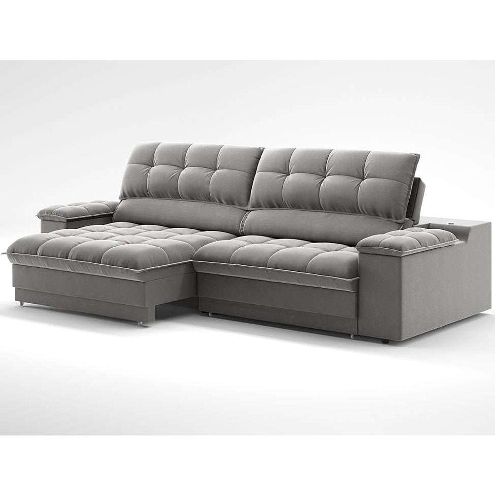 sofá 3 lugares retrátil e reclinável helen com usb e porta-copos veludo cinza 230 cm