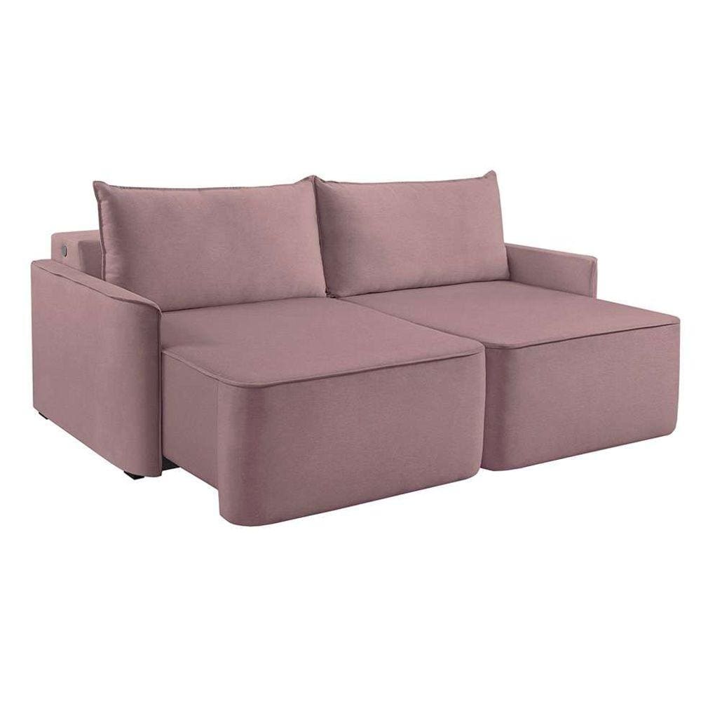 sofá 3 lugares retrátil moon com usb linho rosa 200 cm