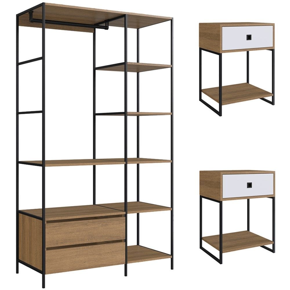 Kit Roupeiro E 02 Mesas Cabeceira Industrial 1025X1026 Mell Branco PP