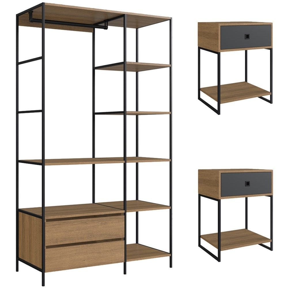 Kit Roupeiro E 02 Mesas Cabeceira Industrial 1025X1026 Mell Grafite PP