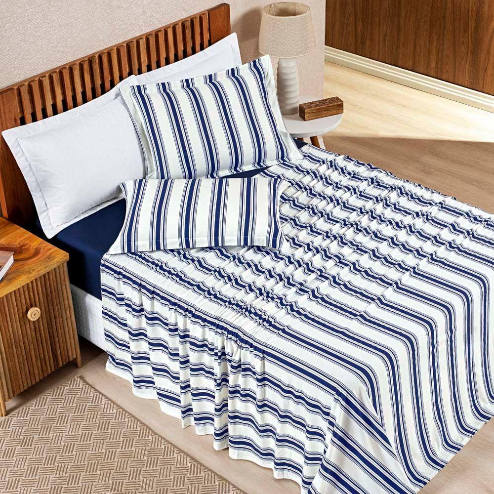 Jogo Cama Lençol Daily Casal Padrão Malha 100% Algodão Listrado 4 Peças - Azul Marinho