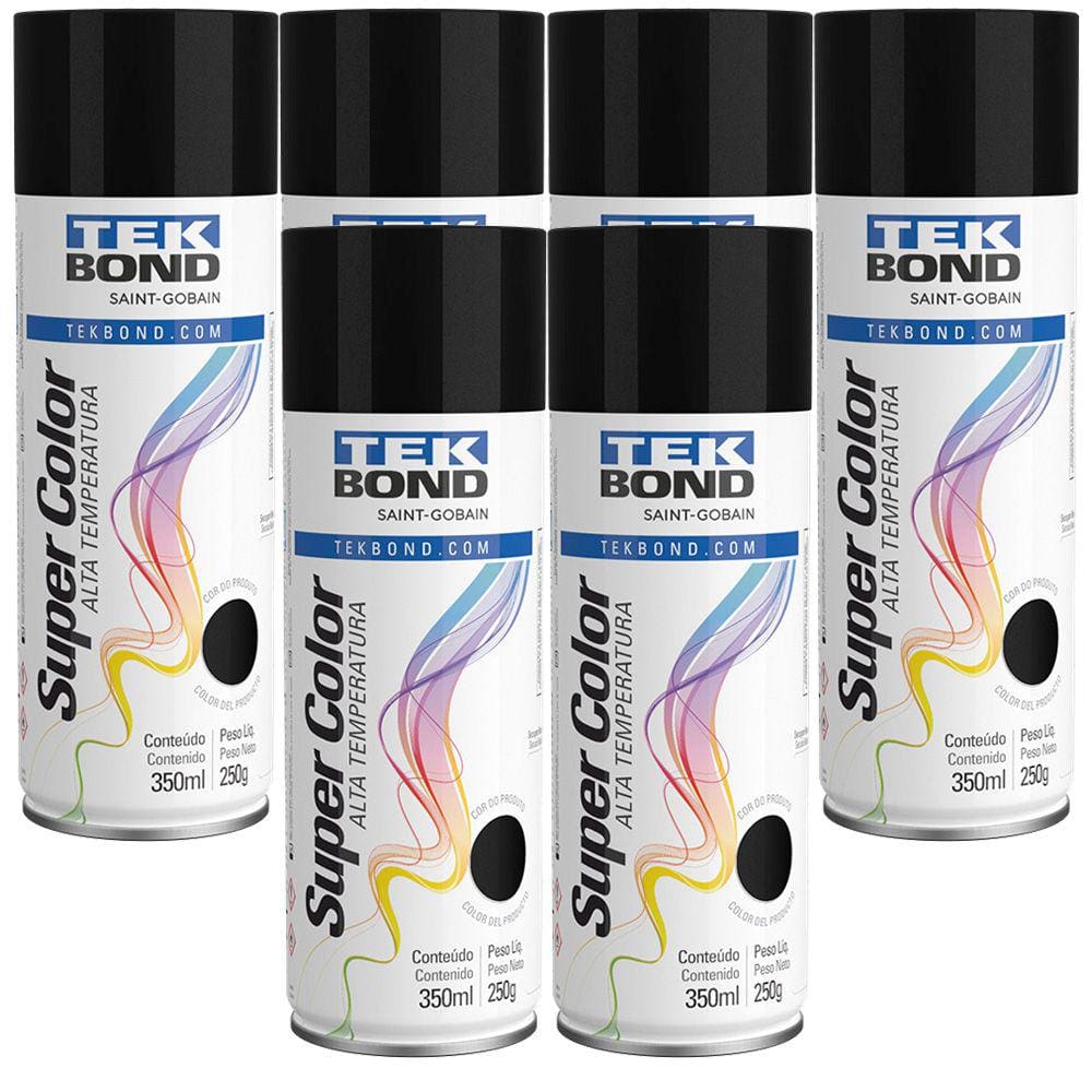 Kit 6 Tekspray Tinta Super Color Alta Temperatura Preto Brilhante 350ml - Tekbond
