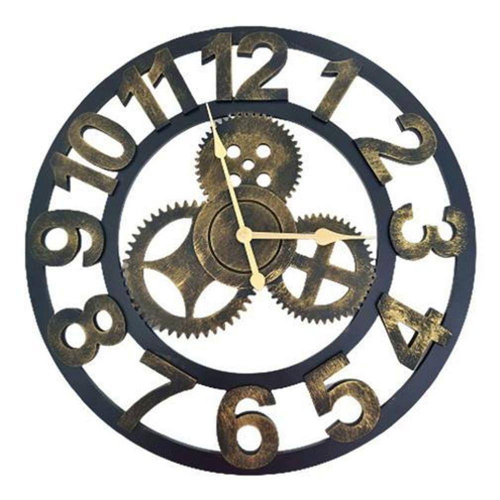 Relógio De Parede 3D Industrial Preto Dourado Europeu 50Cm