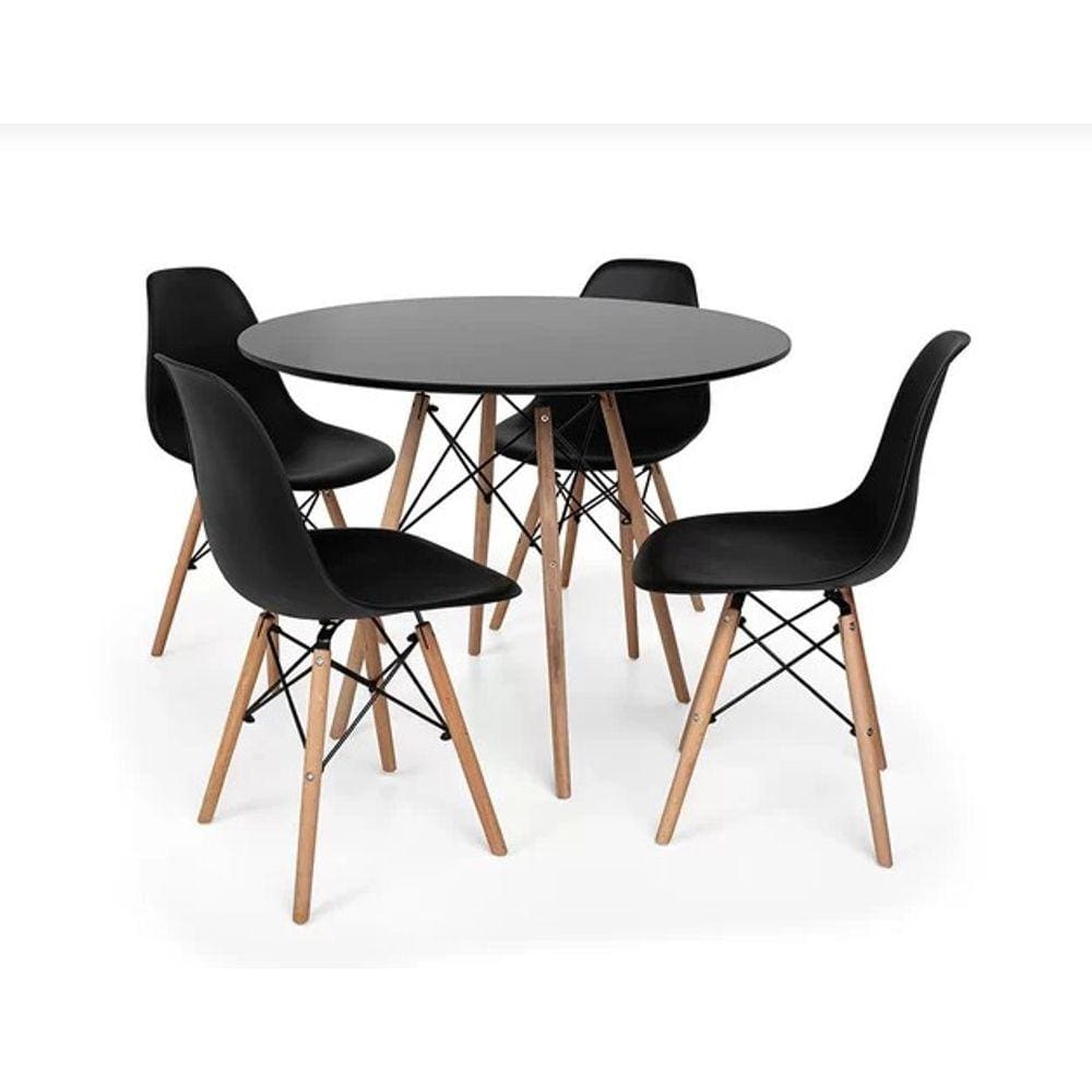Conjunto de Mesa 4 Cadeiras Pretas Eames Eiffel 90cm Base Madeira Tampo Preto