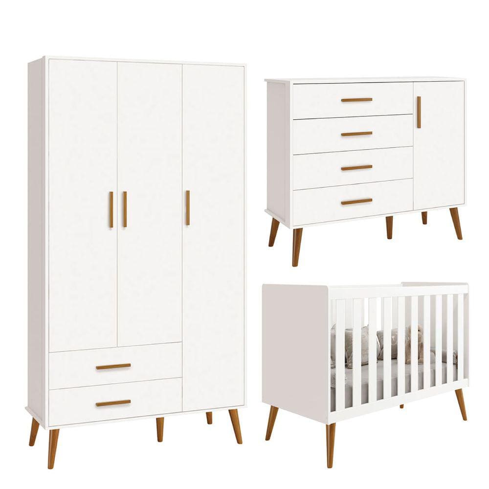 Quarto Isis Berço Americano 2 em 1 + Comoda Sapateira + Guarda Roupa Isis Retrô 3 Portas 2 Gavetas Branco Fosco - Reller
