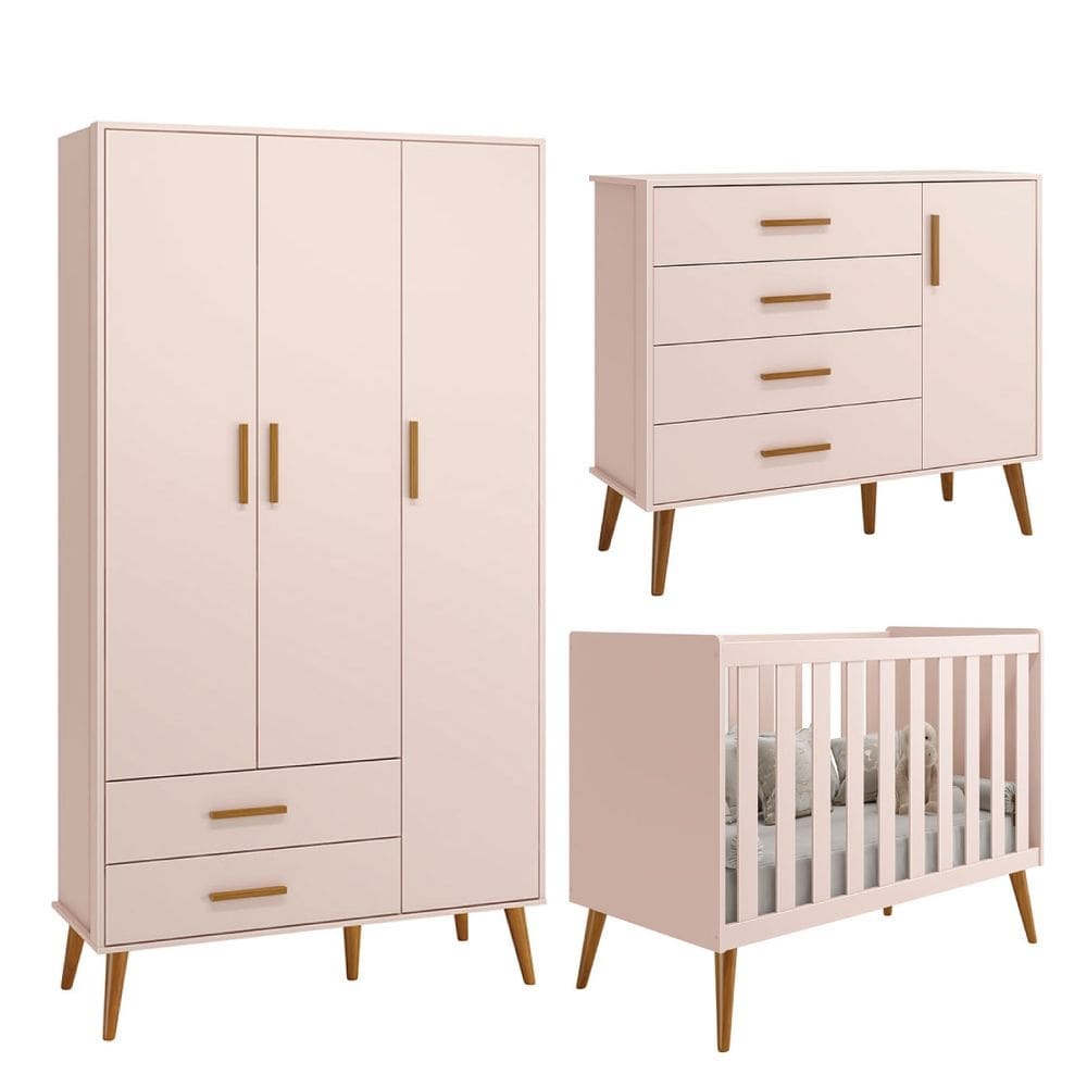 Quarto Isis Berço Americano 2 em 1 + Comoda Sapateira + Guarda Roupa Isis Retrô 3 Portas 2 Gavetas Rosa Fosco - Reller