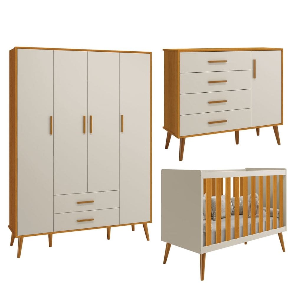 Quarto Isis Berço Americano 2 em 1 + Comoda Sapateira + Guarda Roupa Isis Retrô 4 Portas 2 Gavetas Areia Fosco/ Savana Fosco - Reller
