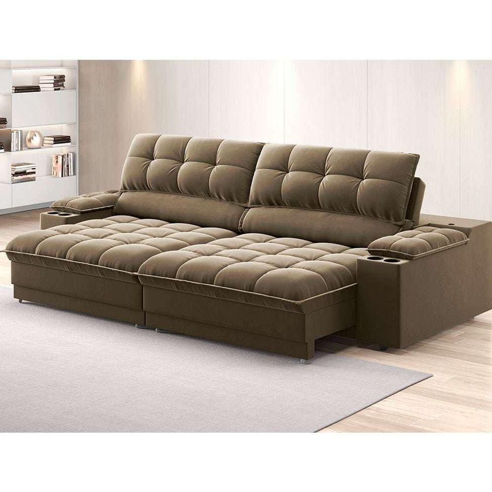 sofá 3 lugares retrátil e reclinável helen com usb e porta-copos veludo castor 230 cm