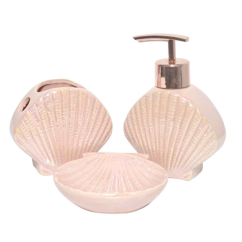 Kit Para Banheiro Lavabo 3 Peças Sereia Concha Perolado