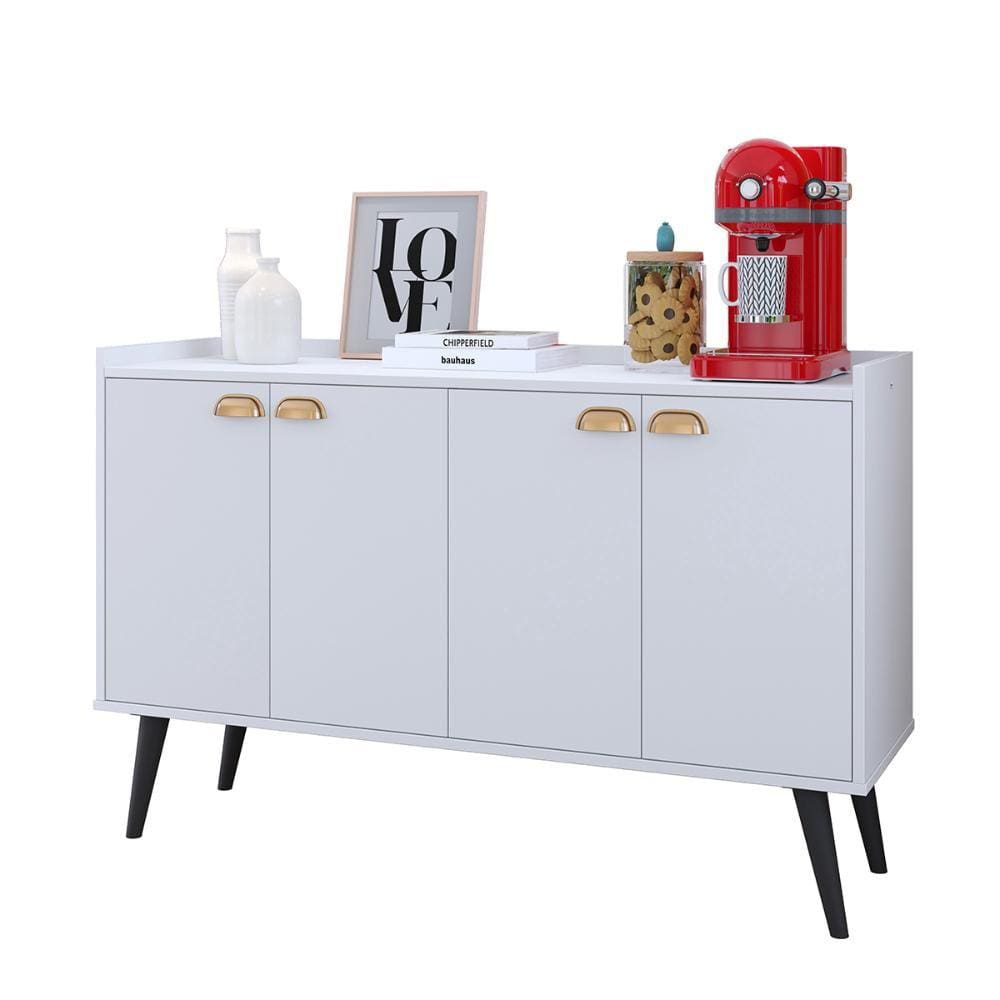 Aparador Buffet Kiev Cantinho Café 4 Portas Puxador Concha Prateleira Interna Organizadora Pés Retrô - Branco - RPM Móveis
