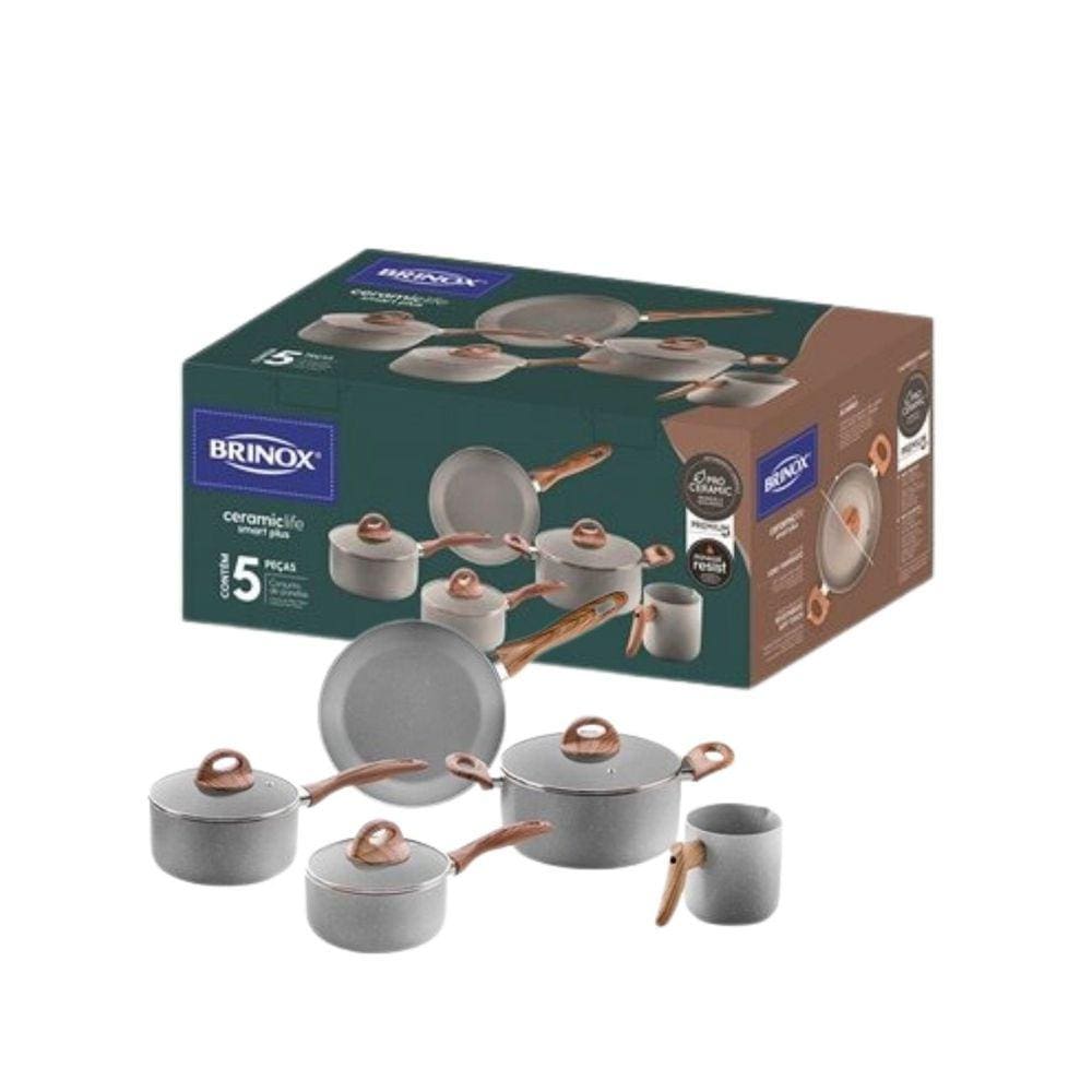 Jogo de Panela Frigideira Brinox Ceramic Life Cinza Kit 5 un