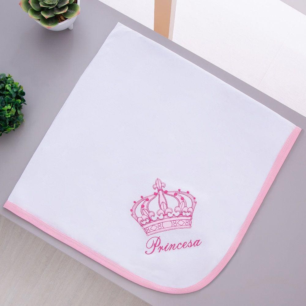 Manta Cueiro Malha Para Bebê Imperial Branco Com Rosa