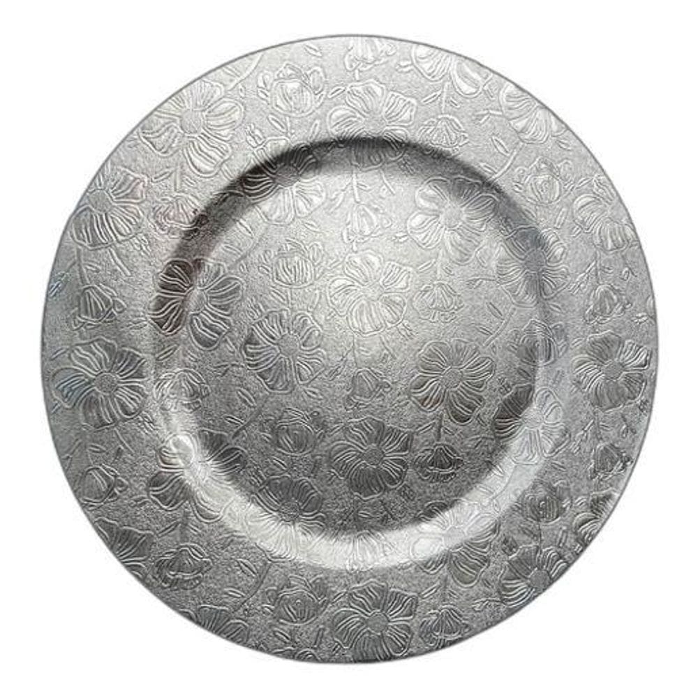 Sousplat Prateado Plástico Relevo Design Floral 33 X 33