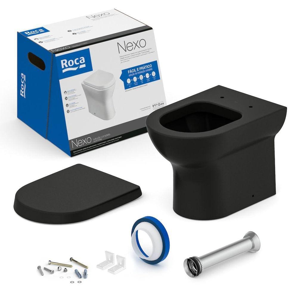 Kit Bacia Convencional, Assento Termofixo com Queda Amortecida e Complementos de Instalação Nexo Roc Matte Black