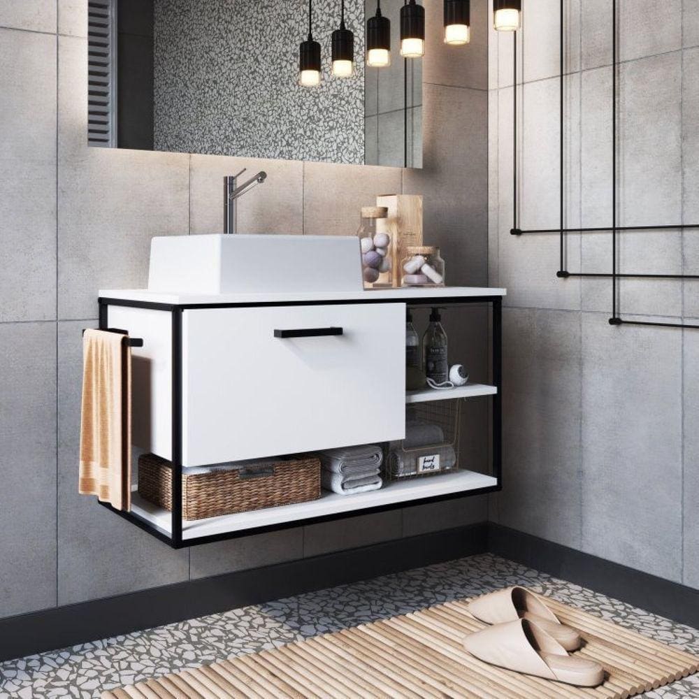 Gabinete Suspenso para Banheiro 80cm com Cuba Preto/Branco